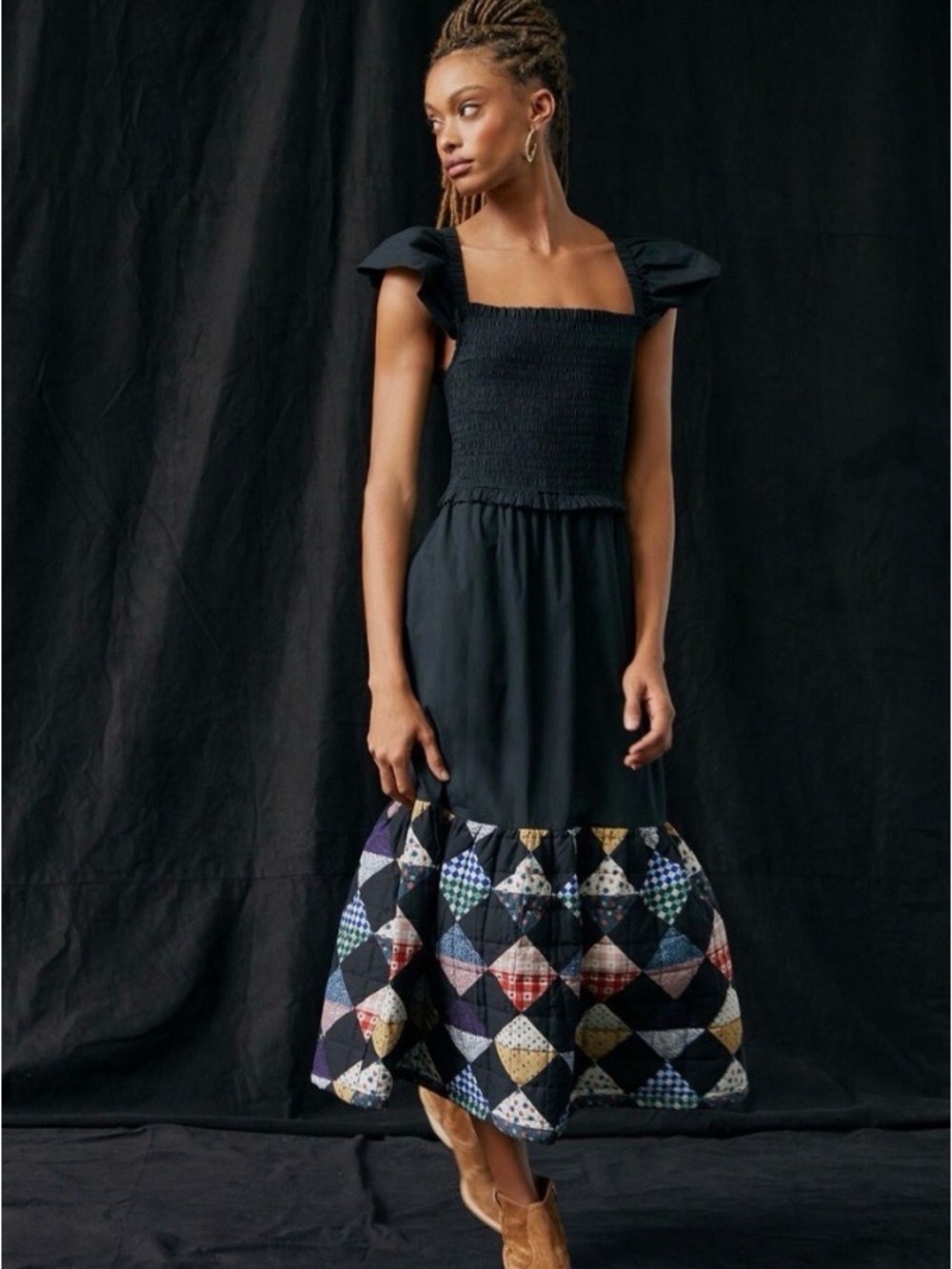 Anthropologie Black Maxi Dress with Multicolor Patchwork Hem - Picture 4 of 5